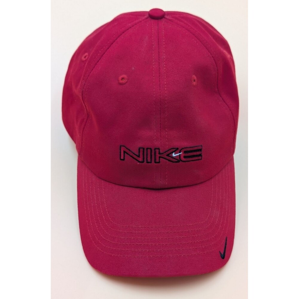Vintage 90s Nike Hat Cap Strap Back Red Swoosh Logo Spell Out Adjustable